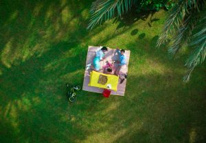 aerial view of a family having a picnic in the backyard