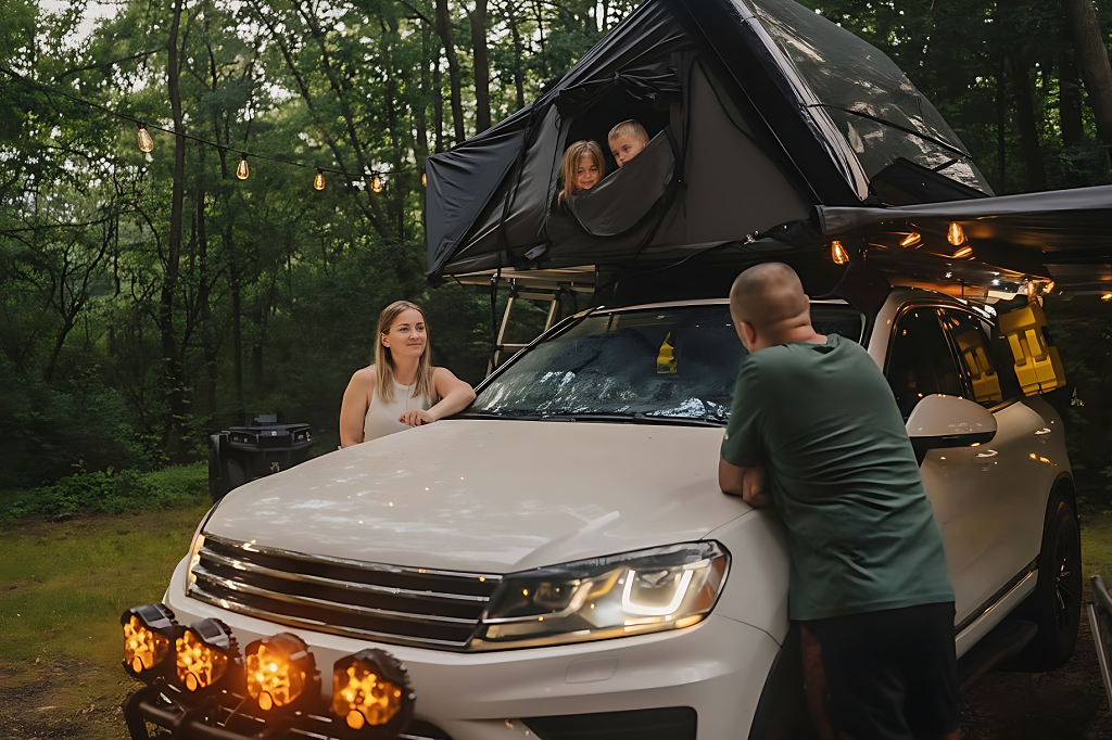 family car camping, with kids in a rooftop tent